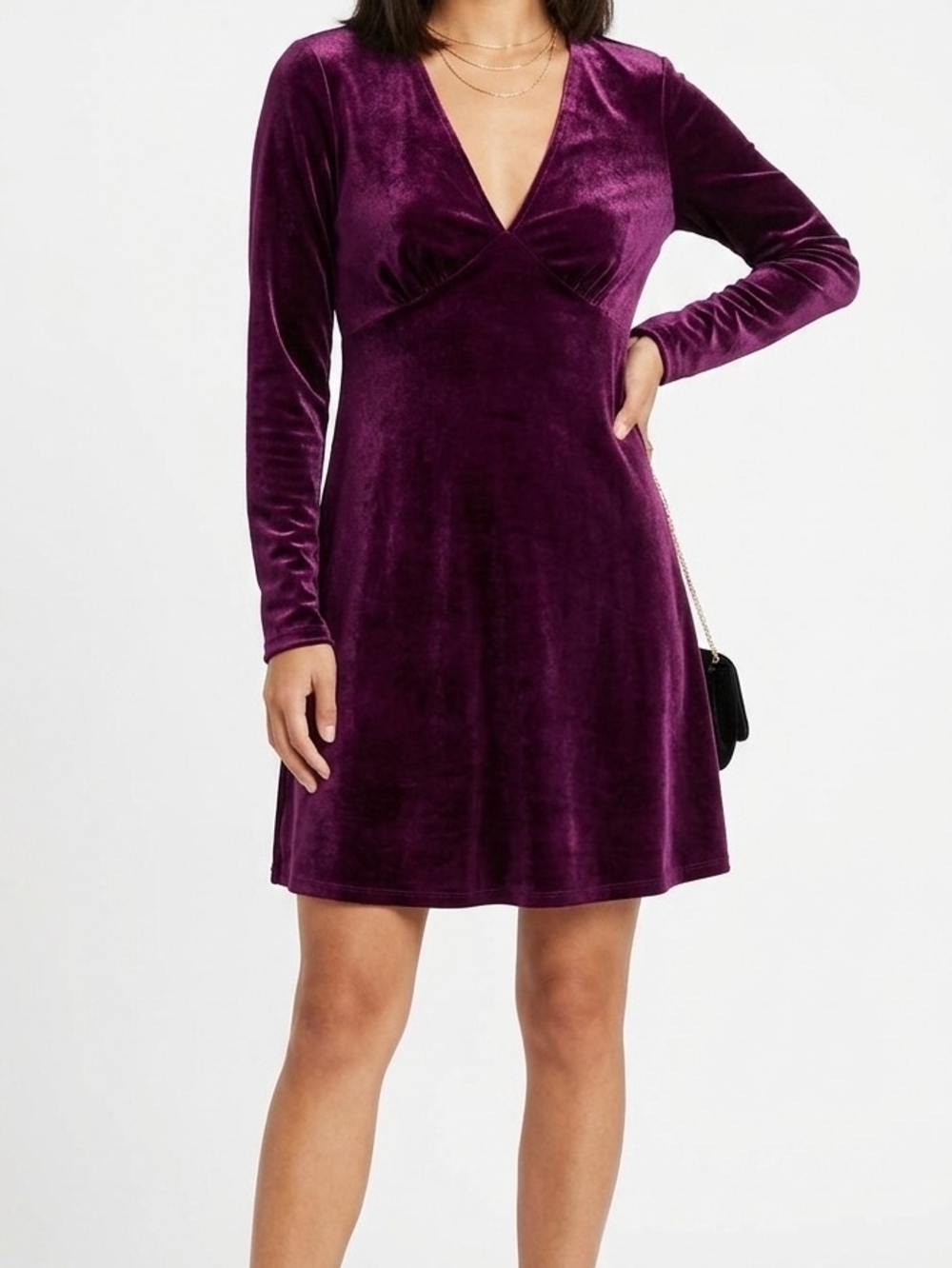 Tiana B Velvet Long-Sleeve V-Neck Dress in Deep Plum Petite Small - Picture 1 of 10